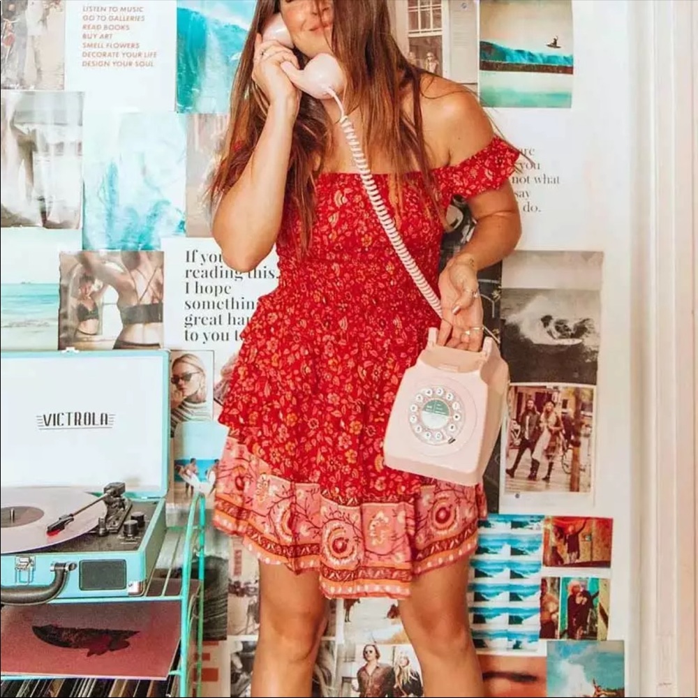 Off the Shoulder Boho Floral Gypsy Print Dress Red - Picture 5 of 10
